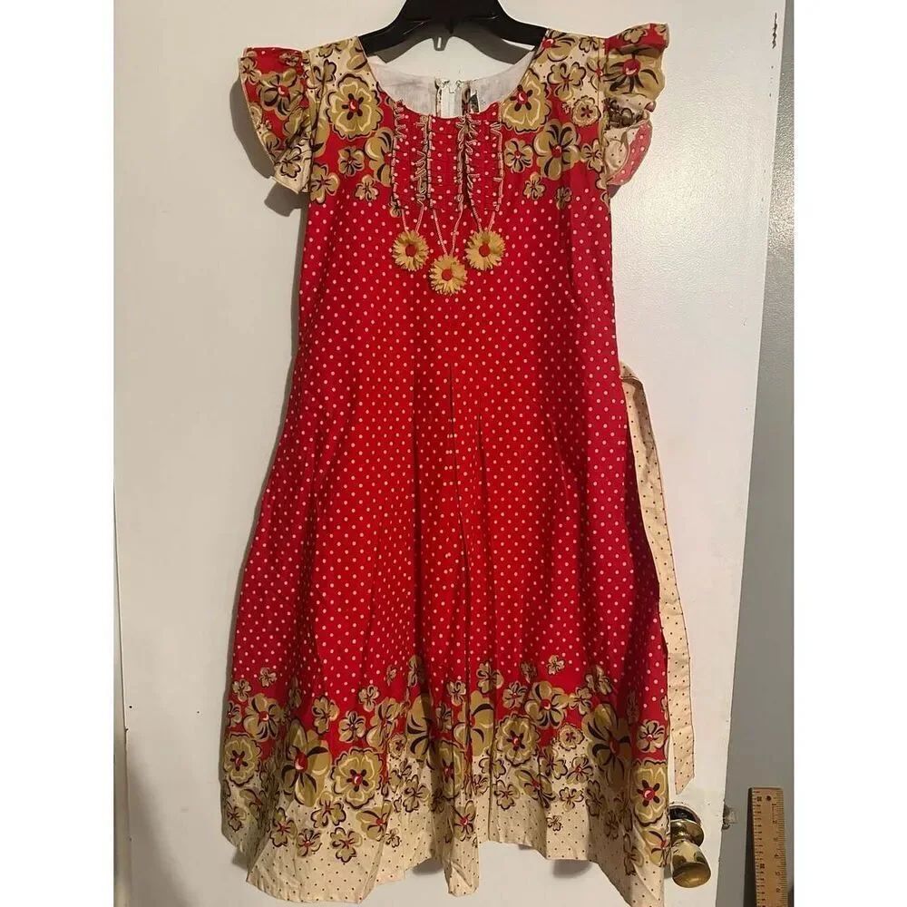 Vintage Timex Dresses Red Polka Dot and Floral Ruffle Trim Dress Medium